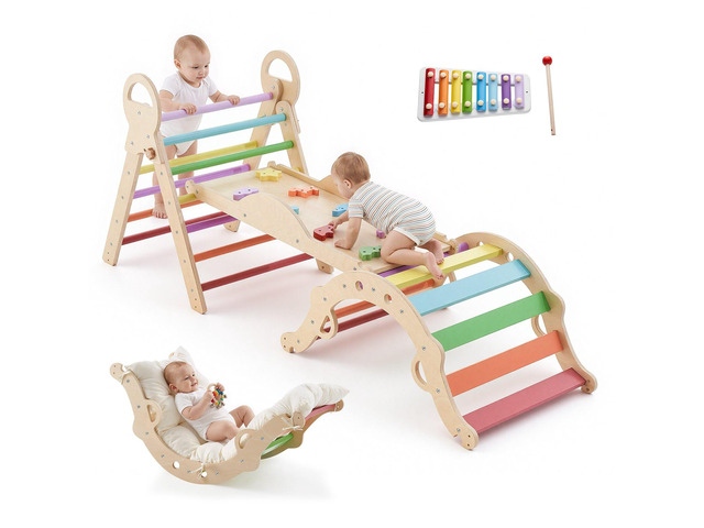 VEVOR Pikler Triangle Set, 9-in-1 Toddler Climbing Toys Indoor, with Xylophone, Cushion, Triangle, Arch, and Ramp, 150 lbs Load, Foldable...