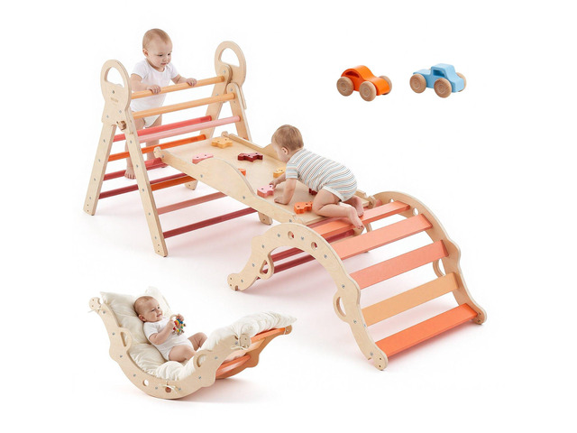 VEVOR Pikler Triangle Set, 9-in-1 Toddler Climbing Toys Indoor, with 2 Wooden Cars, Cushion, Triangle, Arch, and Ramp, 150 lbs Load, Foldable...