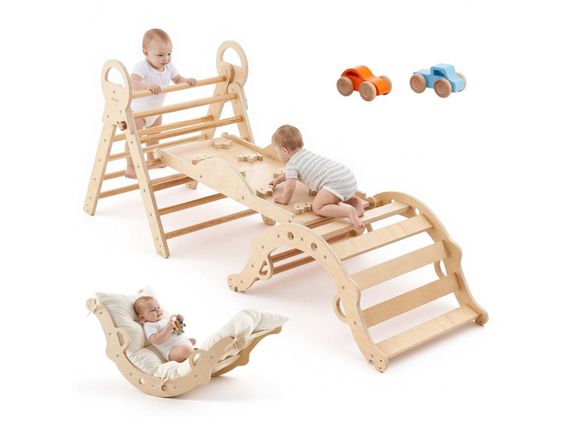 VEVOR Pikler Triangle Set, 9-in-1 Toddler Climbing Toys Indoor, with 2 Wooden Cars, Cushion, Triangle, Arch, and Ramp, 150 lbs Load, Foldable...