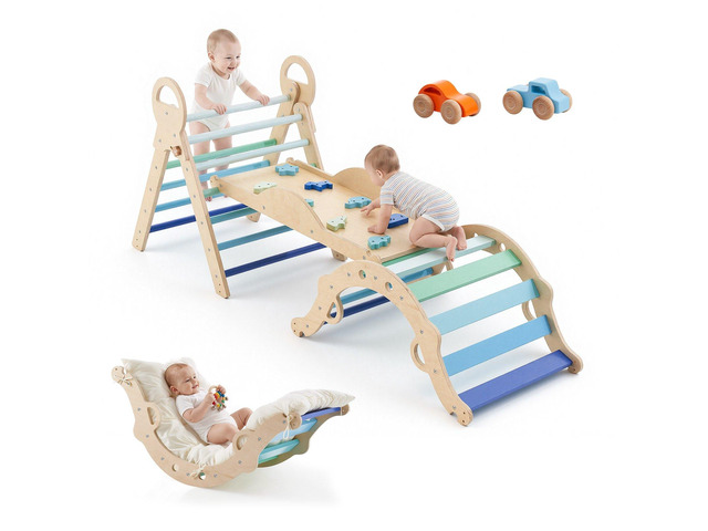 VEVOR Pikler Triangle Set, 9-in-1 Toddler Climbing Toys Indoor, with 2 Wooden Cars, Cushion, Triangle, Arch, and Ramp, 150 lbs Load, Foldable...