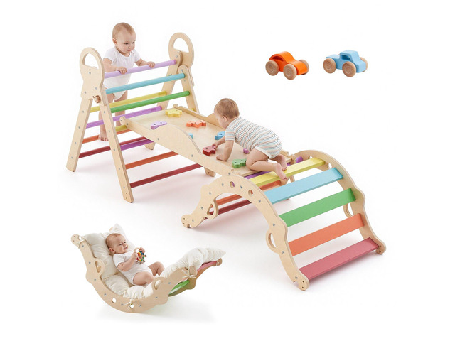 VEVOR Pikler Triangle Set, 9-in-1 Toddler Climbing Toys Indoor, with 2 Wooden Cars, Cushion, Triangle, Arch, and Ramp, 150 lbs Load, Foldable...