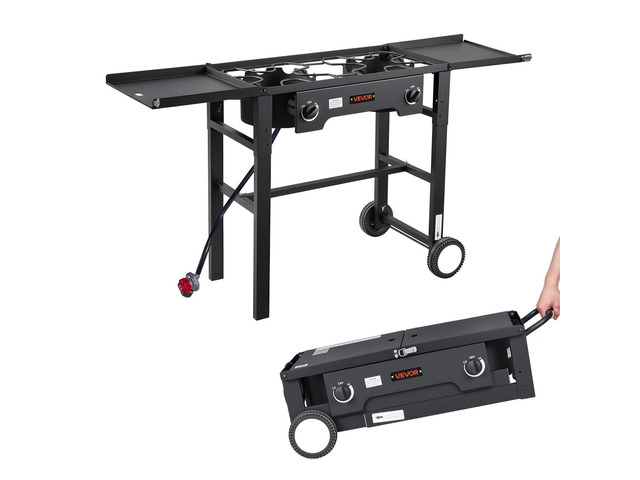 VEVOR 2 Burner Outdoor Propane Gas Stove, 150,000 BTU Propane LPG Gas Camping Stove, Foldable Heavy-duty Carbon Steel Outdoor Cooker, with Wheels &...