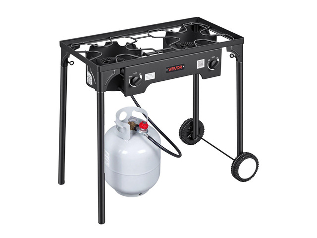 VEVOR 2 Burner Outdoor Propane Gas Stove, 150,000 BTU Propane LPG Gas Camping Stove, Heavy-duty Carbon Steel Outdoor Cooker, with 2 Wheels & 20 PSI...