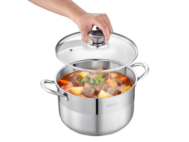 VEVOR Stainless Steel Stock Pot, 8-Quart Stainless Steel Stockpot with Glass Lid, PFOA-Free, PFAS-Free, Compatible with Gas Stoves, Induction...