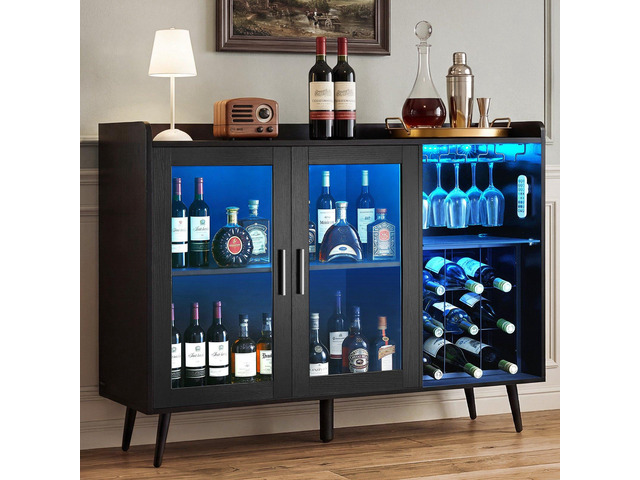 VEVOR Wine Cabinet, Coffee Bar Cabinet with 9 Wine Bottle Racks, Modern Buffet Sideboard with Glass Holder, Adjustable LED Brightness, for Home...