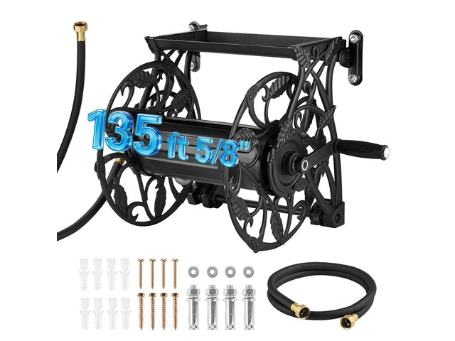 VEVOR Wall Mounted Garden Hose Reel, Holds 135 Feet of 5/8-inch Hose, Outdoor Heavy-Duty Waterhose Holder Winder, with Widened Top Tray, Aluminum...