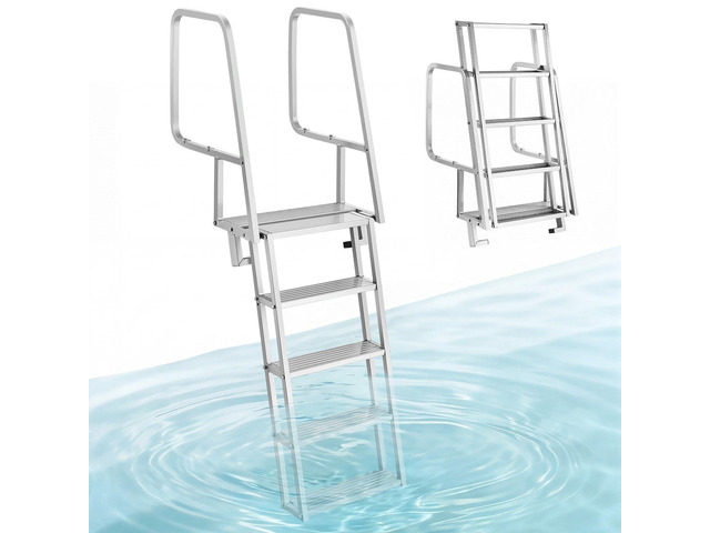 VEVOR Flip-Up Dock Ladder, 5-Step, Heavy-Duty Aluminum Alloy Pontoon Boat Swim Ladder, with Non-Slip Wide Steps, 350 lbs Weight Capacity, Pull Rope...