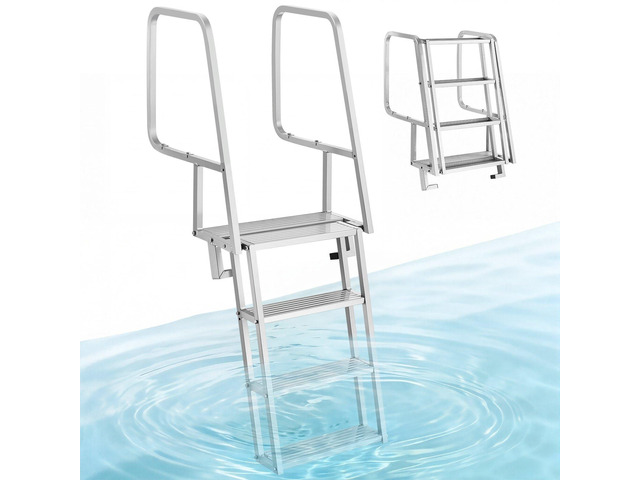 VEVOR Flip-Up Dock Ladder, 4-Step, Heavy-Duty Aluminum Alloy Pontoon Boat Swim Ladder, with Non-Slip Wide Steps, 350 lbs Weight Capacity, Pull Rope...