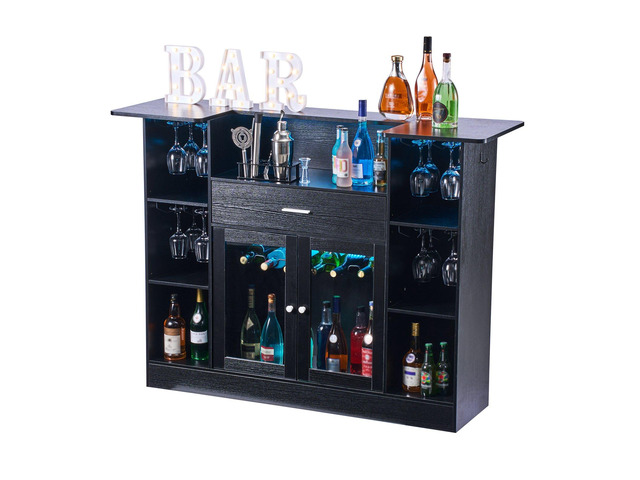 VEVOR Home Bar Unit, Wine Bar Cabinet Table 4-Tier with Storage Drawer Shelves, Wine Glass Holder, Bottle Rack, LED Light, Wood & Metal Liquor...