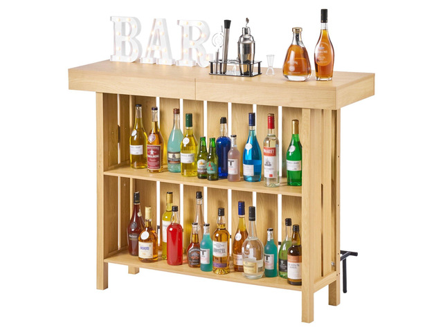 VEVOR Home Bar Unit, Wine Bar Cabinet Table 3-Tier with Storage Shelves, Opener Storage Box & Adjustable Foot Pads, Black Footrest, Wood & Metal...