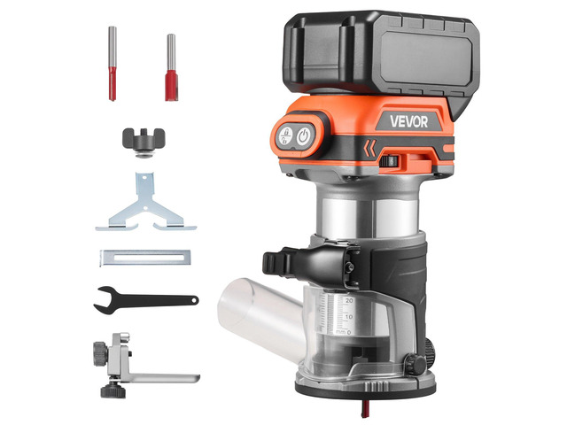 VEVOR Cordless Wood Router, 18V Brushless, Compact Variable Speed Palm Router with Fixed Base, 1/4-Inch Collet, Edge Trimmer Tool for Woodworking,...