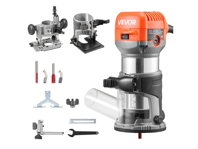 VEVOR Wood Router, 1 HP 710W, Variable Speed Palm Router Tool with 1/4 in Collet, Compact Edge Wood Trimmer with Fixed, Plunge & Tilt Base, Soft...