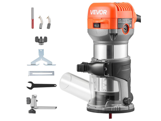 VEVOR Wood Router, 1 HP 710W, Variable Speed Palm Router Tool with Soft Start, Compact Wood Edge Trimmer with Fixed Base & 1/4-Inch Collet, Dust...