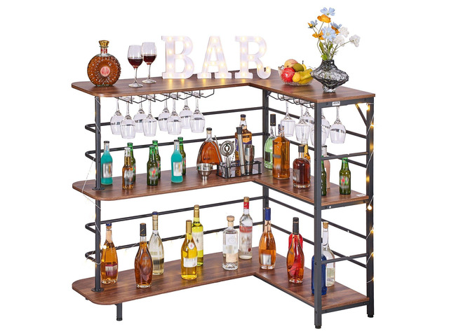 VEVOR Home Bar Unit, L-Shaped Wine Bar Cabinet Table 3-Tier with Storage Shelves, Adjustable Foot Pads, LED Light, Walnut Finish & Metal Frame...