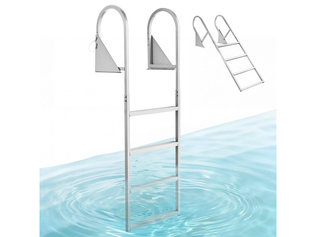 VEVOR Flip-Up Dock Ladder, 4-Step, Heavy-Duty Aluminum Alloy Pontoon Boat Swim Ladder, with Non-Slip Wide Steps, 350 lbs Weight Capacity, Pull Rope...