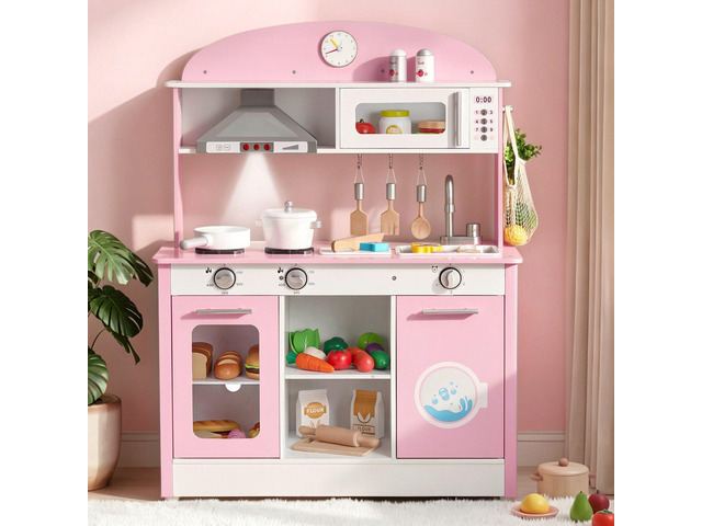 VEVOR Play Kitchen for Kids, Wooden, Kids Kitchen Playset with Real Lights & Sounds, Food & Cookware Accessories, Pretend Play Toy Set, Range Hood,...