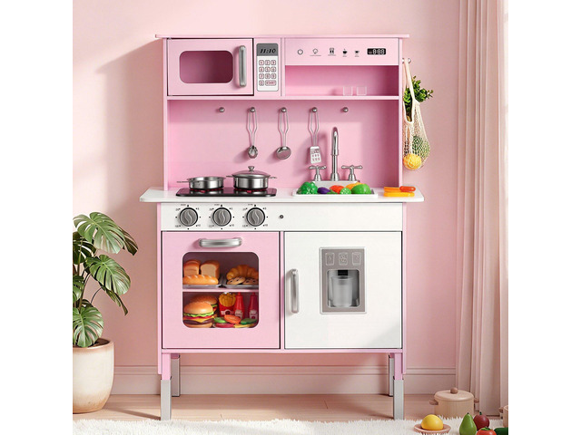 VEVOR Play Kitchen for Kids, Wooden, Kids Kitchen Playset with Real Lights & Sounds, Food & Cookware, Pretend Play Toy Set, Microwave, Oven,...