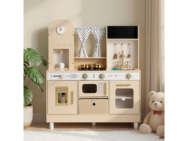 VEVOR Play Kitchen for Kids, Wooden, Kids Kitchen Playset with Realistic Lights & Sounds, Food & Cookware, Modern Style Pretend Play Toy Set, Ice...