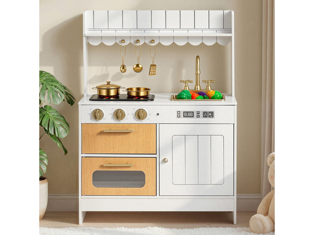 VEVOR Play Kitchen for Kids, Wooden, Kids Kitchen Playset with Real Lights & Sounds, Food & Cookware Accessories, Pretend Play Toy Set, Sink, Oven,...