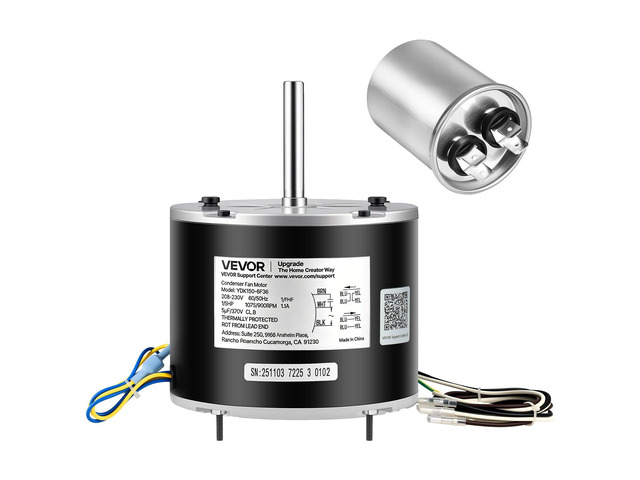 VEVOR Condenser Fan Motor with Capacitor, 1/5HP 1075/900RPM 208-230V, Replaces 12Y75, 97M49, 100483-02, 43W49, Compatible with Lennox Interlink...