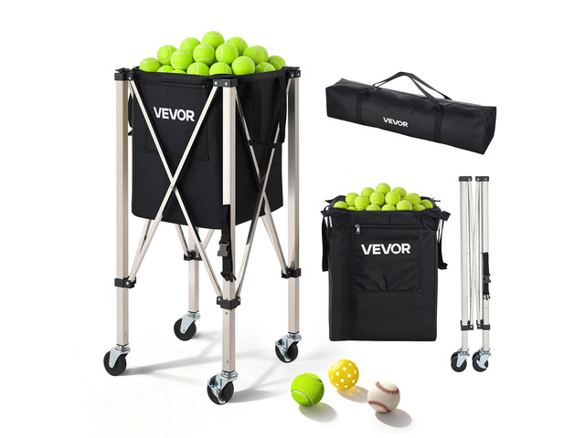 VEVOR Tennis Ball Hopper, Holds 200 Tennis Balls, Foldable Pickleball Basket Cart with Wheels for Easy Pick Up, Stainless Steel Portable Pickleball...