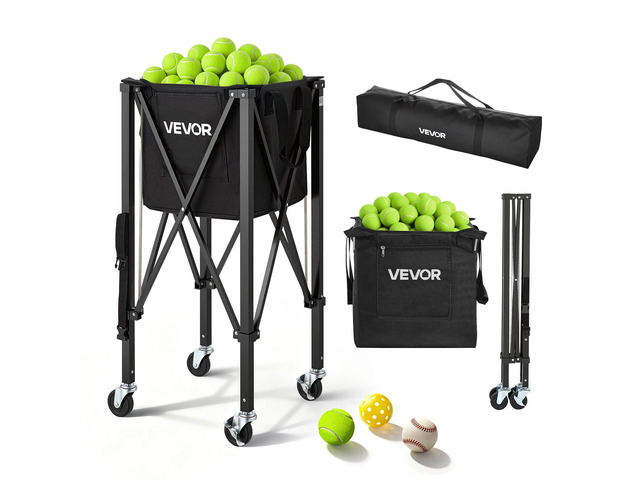 VEVOR Tennis Ball Hopper, Holds 150 Tennis Balls, Foldable Pickleball Basket Cart with Wheels for Easy Pick Up, Lightweight Aluminum Alloy,...