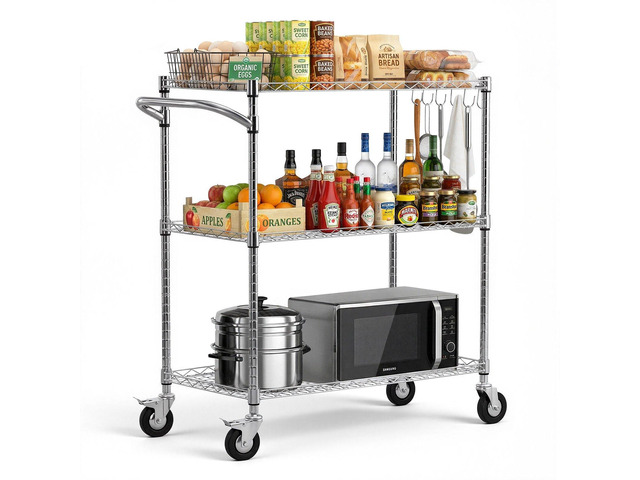 VEVOR Kitchen Utility Cart, 3 Tier Heavy Duty Adjustable Wire Storage Rack, Commercial Steel Rolling Service Trolley on Wheels, Work Table with...