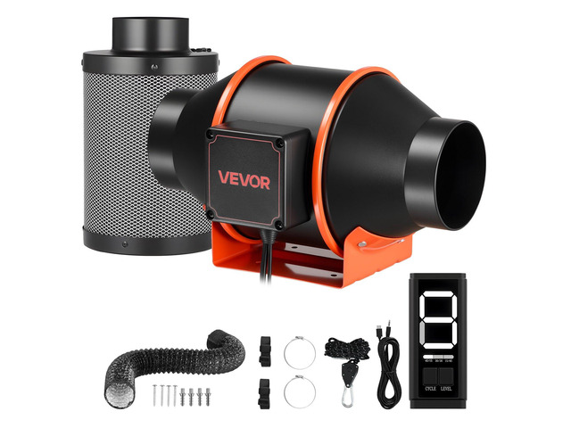 VEVOR Inline Duct Fan Kit with Carbon Filter, 205 CFM 4 inch EC Motor Ventilation Fan with 3-Speed Circulation, 10-Speed PWM Controller, Timer,...