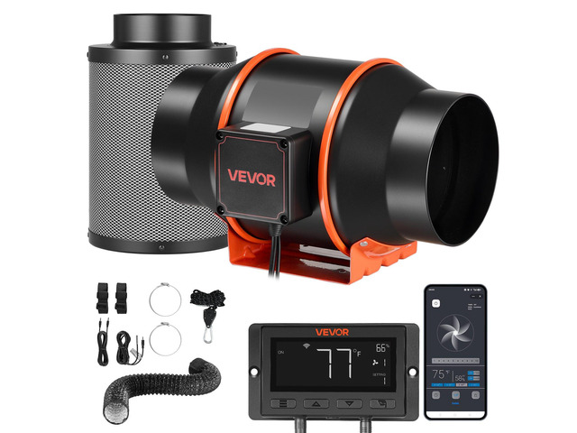 VEVOR Inline Duct Fan Kit Carbon Filter, 402 CFM 6 inch EC Motor Exhaust Ventilation Fan with 10-Speed, PWM Controller, App Control, Timer, Cooling...