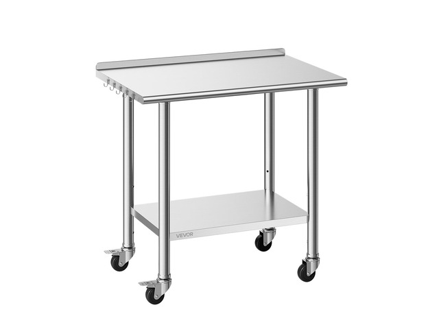 VEVOR Stainless Steel Work Table, 24x36 inch Food Prep Table with Wheels and Backsplash, Commercial Kitchen Workstation with Adjustable Undershelf,...