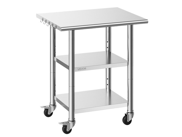 VEVOR Stainless Steel Work Table, 24x30 Inch Food Prep Table with 2 Shelves and Wheels, Commercial Kitchen Workstation, Metal Heavy Duty Utility...