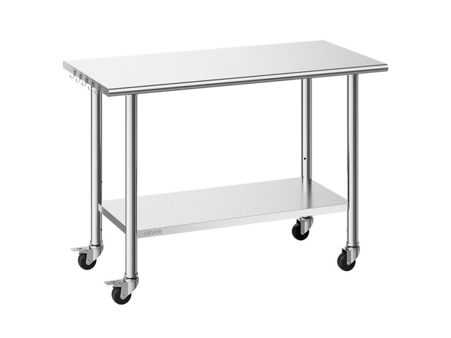 VEVOR Stainless Steel Work Table, 24x48 inch Food Prep Table with Wheels, Commercial Kitchen Workstation with Adjustable Undershelf, Metal Utility...