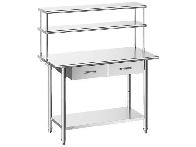 VEVOR Stainless Steel Work Table, 24x48 Inch Food Prep Table with Overshelves and 2 Drawers, Commercial Kitchen Workstation with Adjustable...
