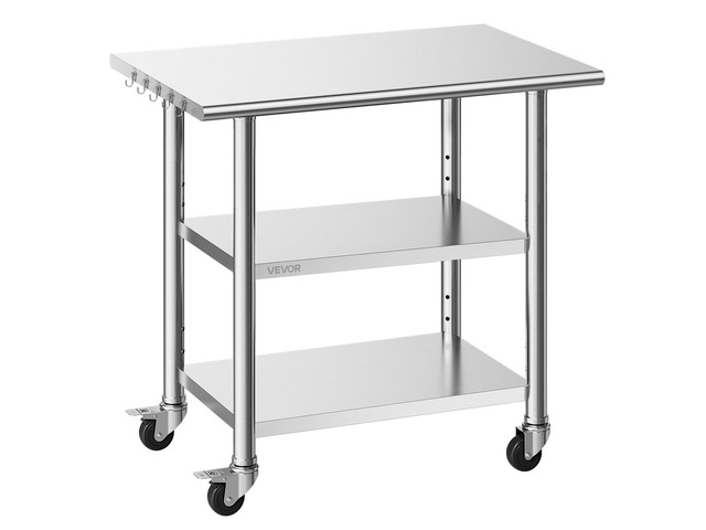 VEVOR Stainless Steel Work Table, 24x36 Inch Food Prep Table with 2 Shelves and Wheels, Commercial Kitchen Workstation, Metal Heavy Duty Utility...