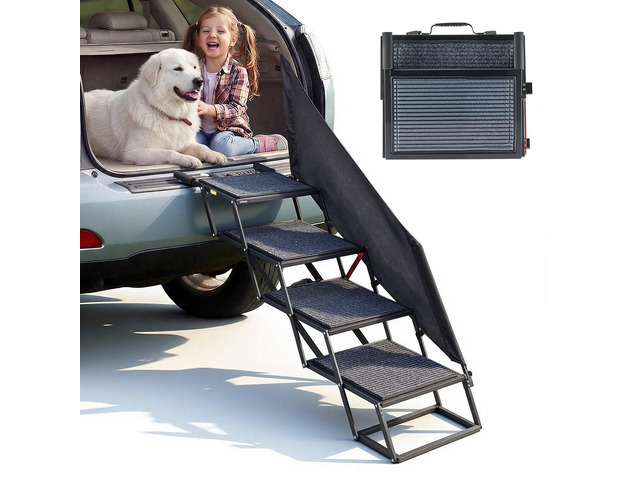 VEVOR Dog Stairs for Car, 4 Steps Extra Wide Foldable Dog Ramp for Large Dogs with Non-Slip Rug Surface, Portable Lightweight Pet Ladder for Car,...