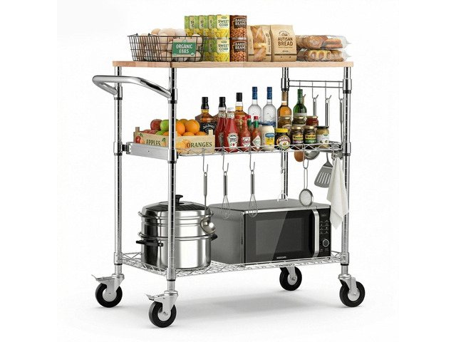 VEVOR Kitchen Utility Cart, 3 Tier Heavy Duty Adjustable Wire Storage Rack with Wood Tabletop and Handle Bar, Rolling Portable Service Trolley on...