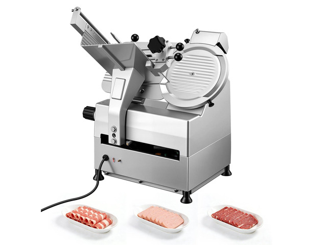 VEVOR Fully Automatic Meat Slicer, 180W + 370W Commercial Food-Slicer with 10' Carbon Steel Blade, Built-In Sharpener & 0-0.3' Adjustable Thickness...