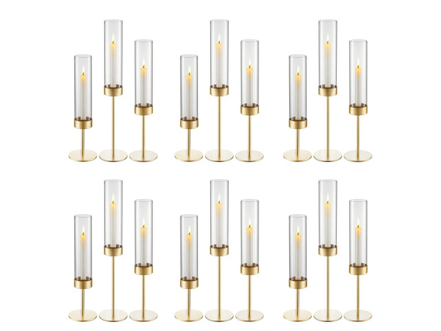 VEVOR Hurricane Candle Holders Set of 18, Gold Metal Stand with Clear Glass Cylinders, Elegant Tiered Centerpieces Wind Protection for Wedding,...