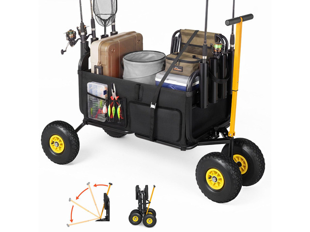 VEVOR Beach Fishing Cart, 300 lbs Load Capacity, Foldable Fishing Cart with Heavy-Duty Carbon Steel Frame, 11-Inch All-Terrain Tires, 8 Rod...