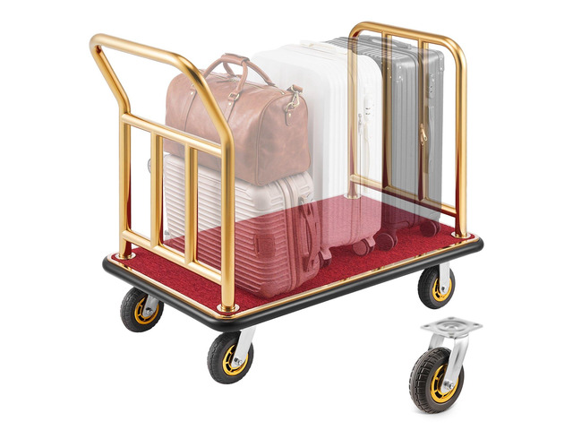 VEVOR Hotel Luggage Cart, 750 lbs Heavy Duty Bellman Cart with Stainless Steel Frame, 6 in Rubber Wheels, Red Carpeted Deck, Commercial Luggage...