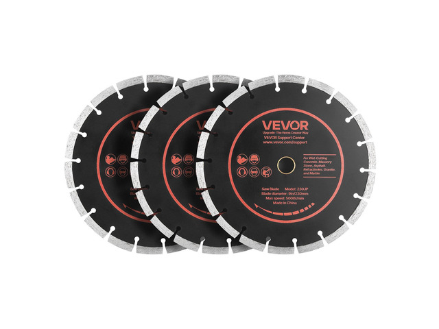 VEVOR Diamond Blades 9 inch, 3-Pack Concrete Saw Blade Set, 7/8 in Arbor, High-Hardness Diamond Segments, 65Mn Steel Core, Dry Wet Cutting, Clean...