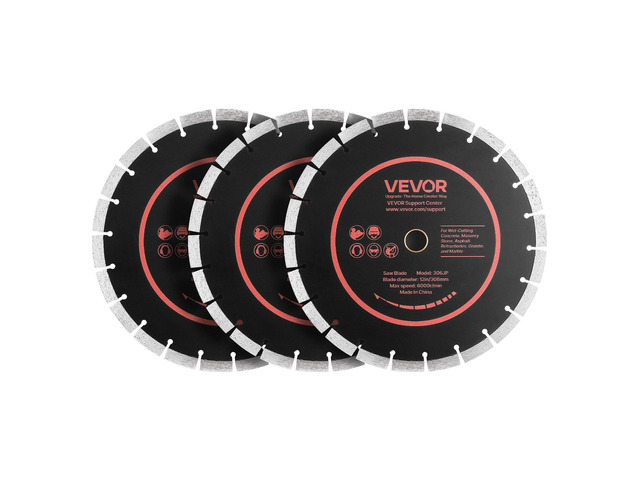 VEVOR Diamond Blades 12 inch, 3-Pack Concrete Saw Blade Set, 1 in Arbor, High-Hardness Diamond Segments, 65Mn Steel Core, Dry Wet Cutting, Clean...