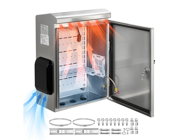 VEVOR Outdoor Electrical Box, 20 x 16 x 8 in, Stainless Steel Ventilated Electrical Enclosure with Thermostat and Fan, Rain Hood, Hinge Connection,...