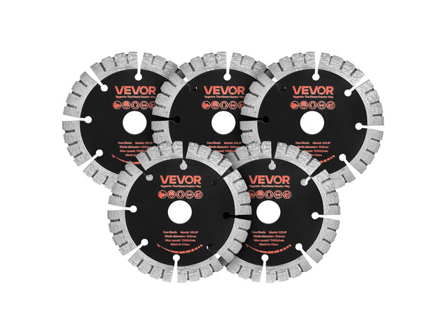 VEVOR Diamond Blades 5 inch, 5-Pack Wall Chaser Saw Blade Cutting Blade, 0.79 in Arbor, High-Hardness Diamond Segments, 65Mn Steel Core, Dry Wet...