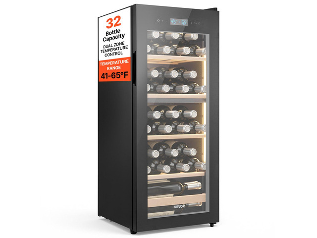 VEVOR 32 Bottle Wine Fridge, Freestanding Wine Cooler Refrigerator, Dual Zone Cooler, 41 to 65 Adjustable Temp Mini Cellar, Glass Door, For Home...
