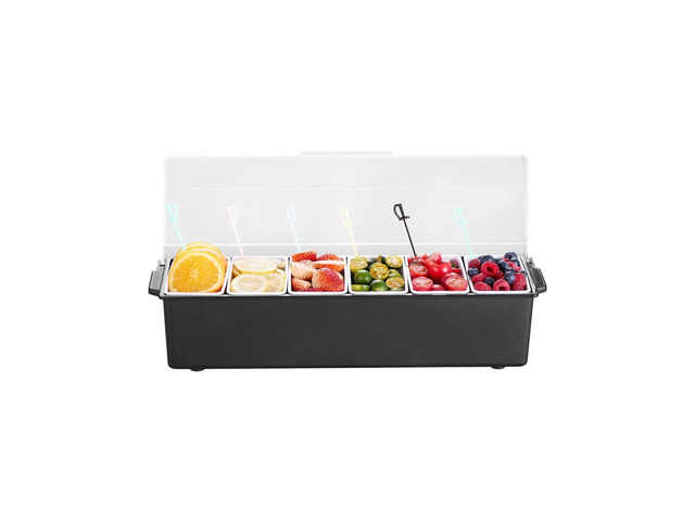 VEVOR Ice Cooled Condiment Serving Container, 6 Compartments Chilled Server, Fruit Veggie Condiment Caddy, Plastic Garnish Station Lid Dispenser...