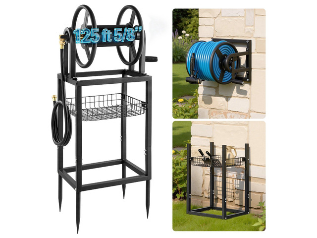 VEVOR Freestanding Garden Hose Reel, Holds 125 Feet of 5/8-inch Hose, Wall Mount or Ground Mount, Detachable Holder Stand with Storage Rack, 5 ft...