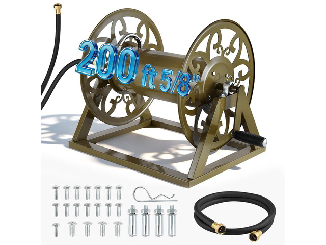VEVOR Wall Mounted Garden Hose Reel, Holds 200 Feet of 5/8-inch Hose, Outdoor Heavy-Duty Waterhose Holder Winder, with Brass Connector, Decorative...