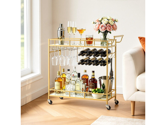 VEVOR Bar Cart, 2 Tiers Home Kitchen Serving Carts, Modern Rolling Utility Station on Wheels, Drink Beverage Trolley with Mirrored Glass Shelves,...