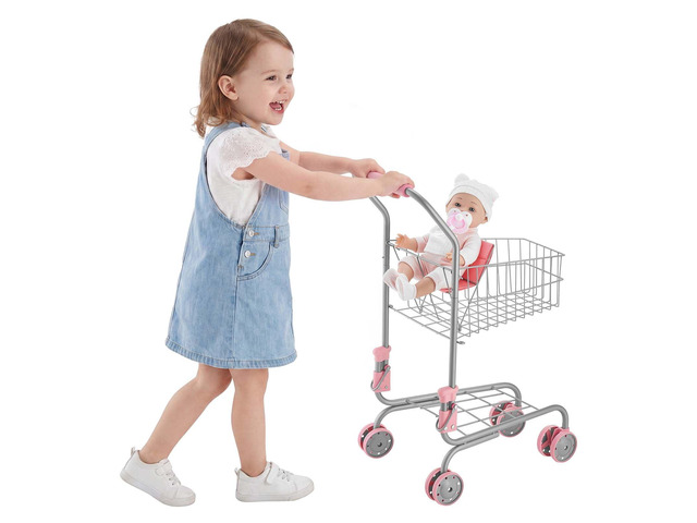 VEVOR Shopping Cart for Kids, Sturdy Metal Frame, Grocery Store Pretend Play Toy Cart with Baby Doll, Rolling Wheels, Basket, Toy Shopping Trolley,...